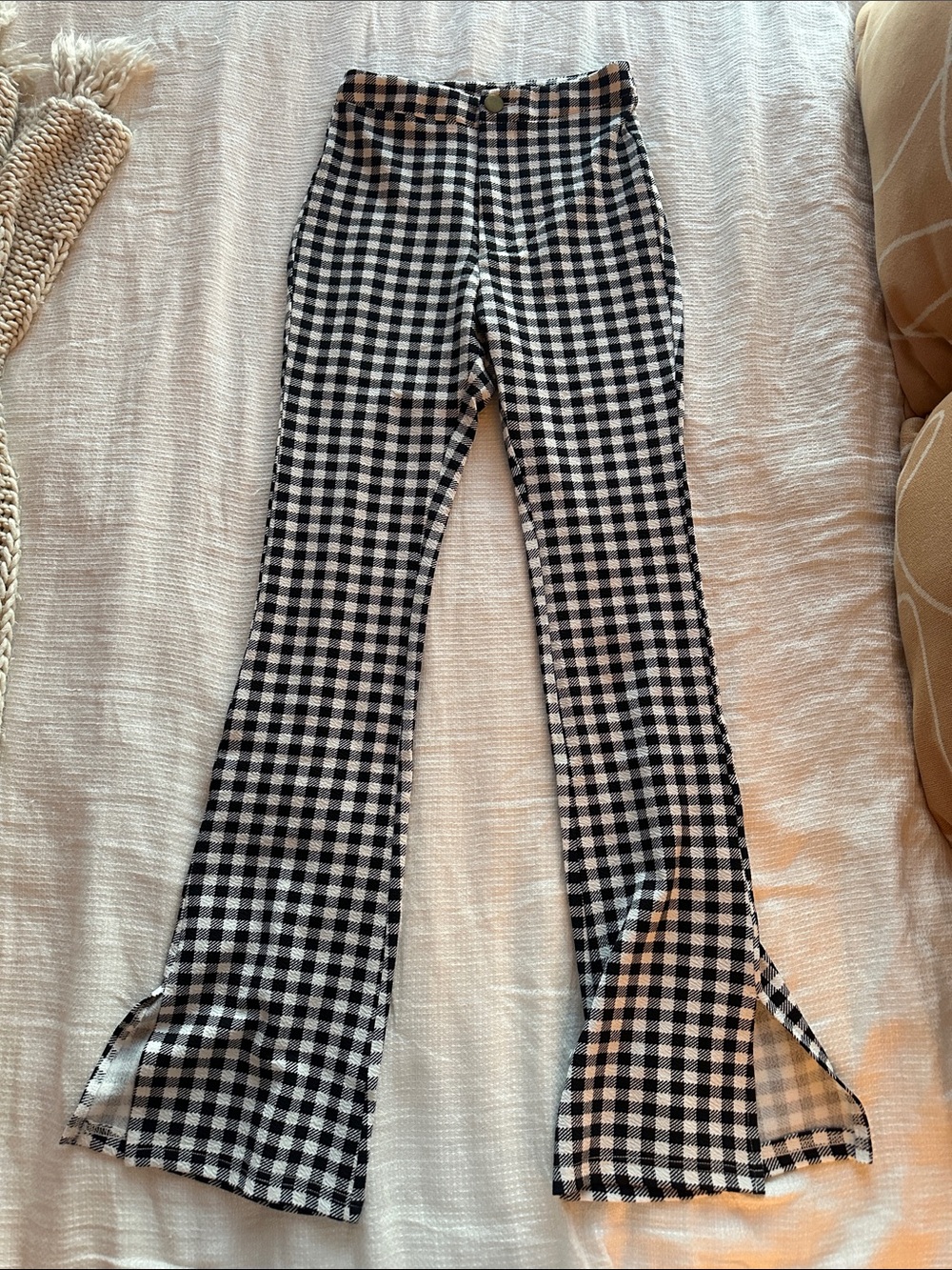 SHEIN Black & White Gingham Flare Pants with Side Slits